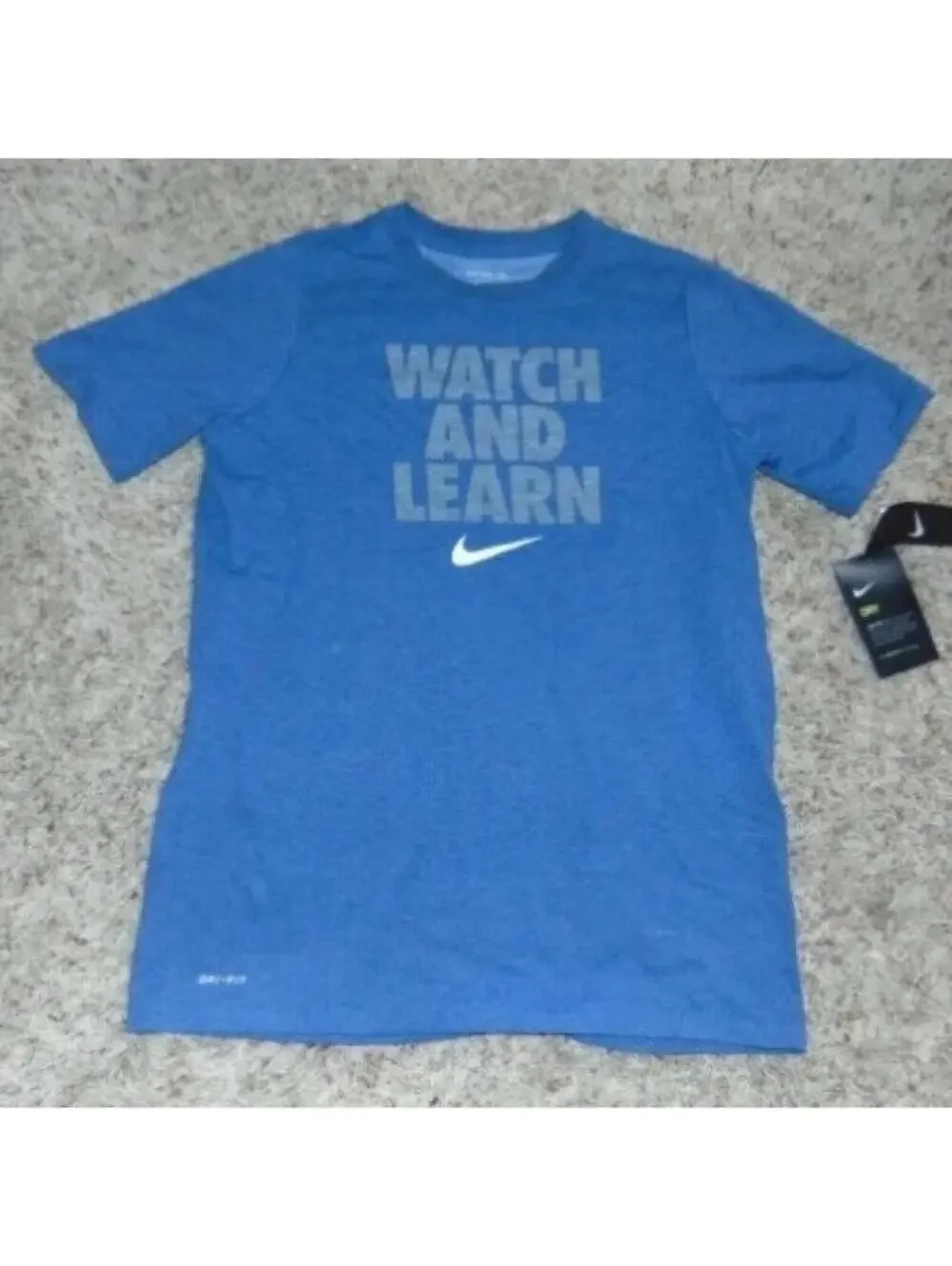 Boys Nike Shirt XL Watch and Learn Dri Fit Blue Short Sleeve Sports Logo Tee